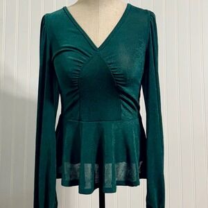 Week & Emerald Green Peplum Top Ruched Bust Long Sleeve Stretchy Boutique Medium